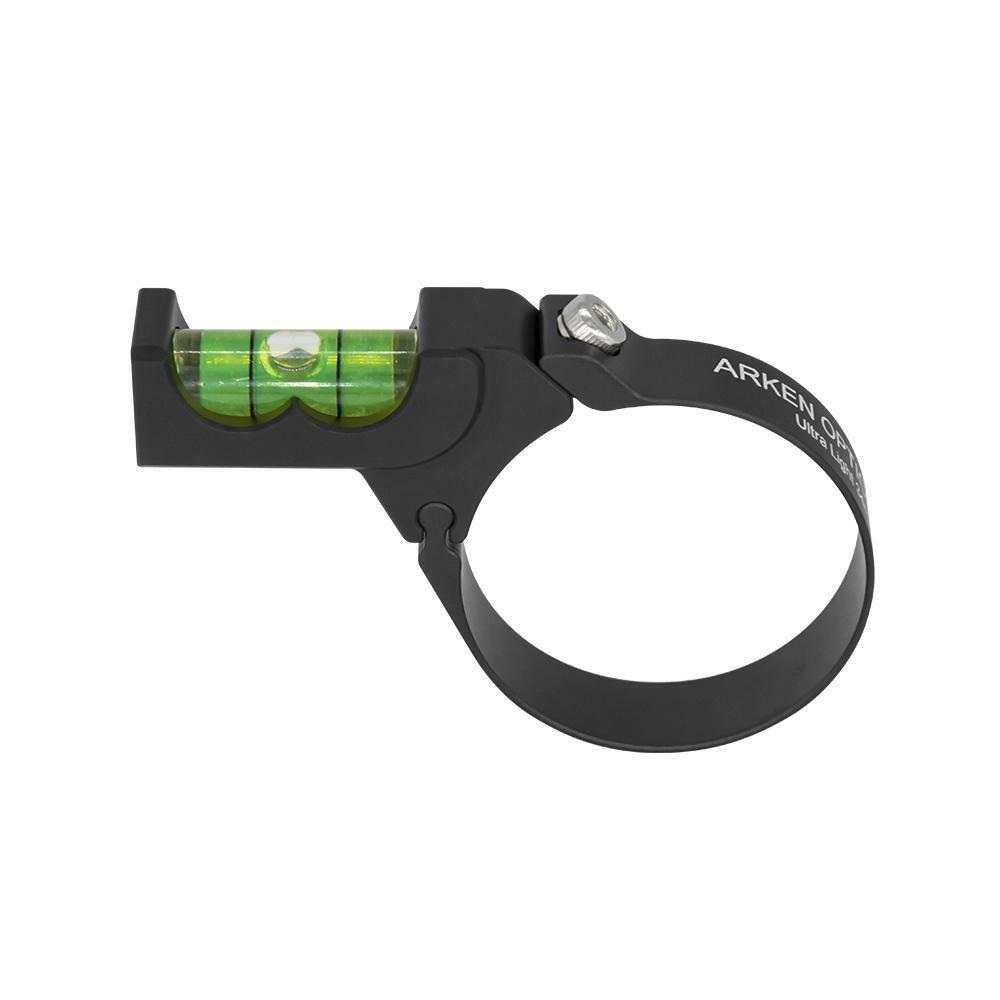 Black metal pipe clamp with green level on a white background