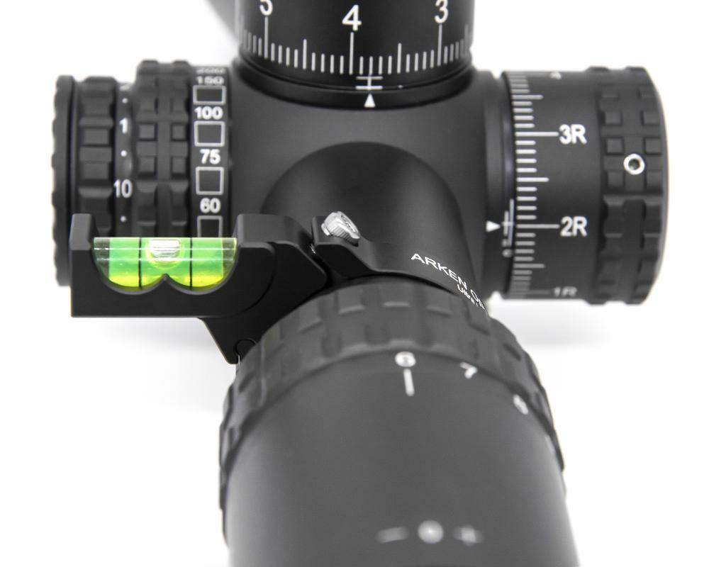 Arken Bubble level mounted on a rifle scope, essential for achieving precision and eliminating canted errors.