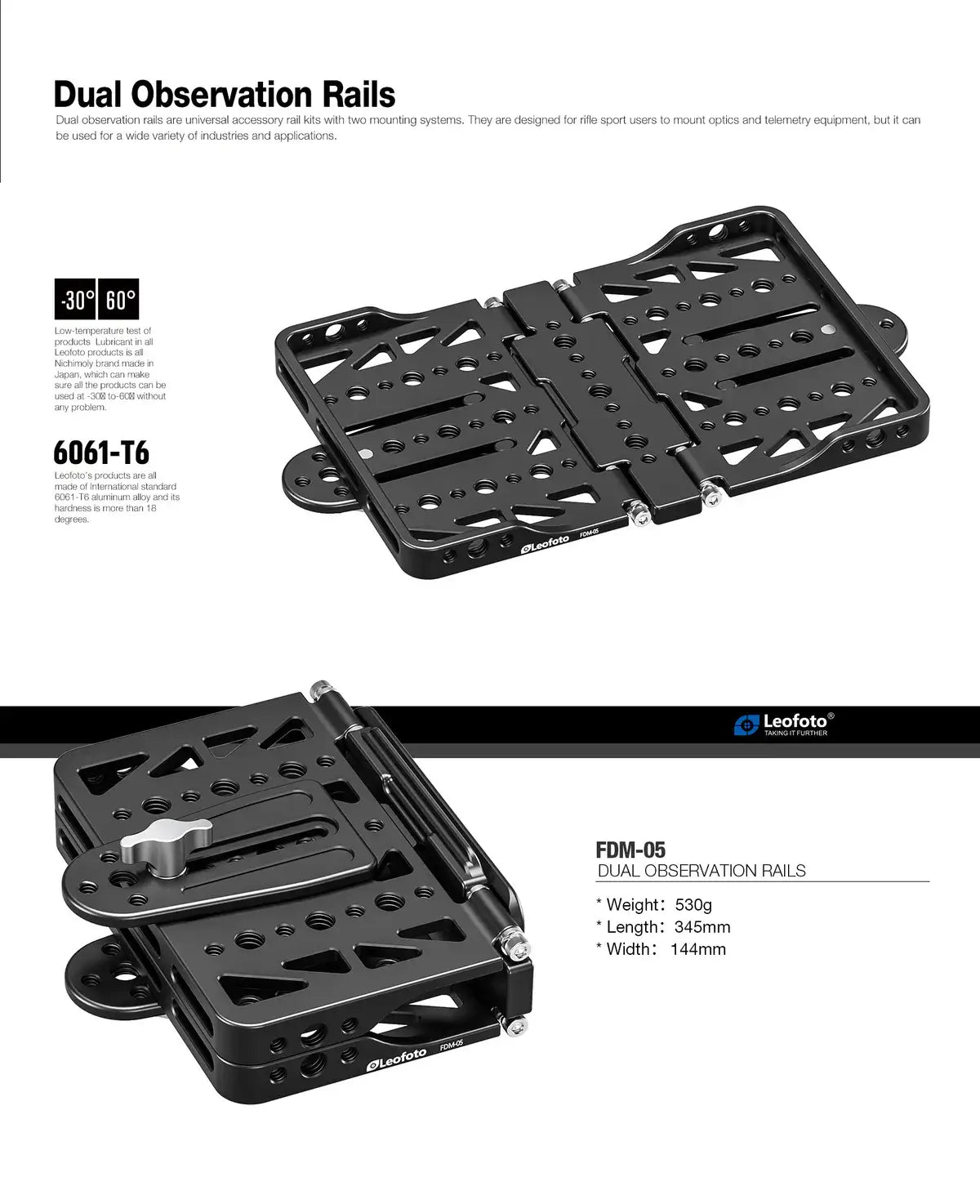 Leofoto FDM-05 Foldable Tac Table showcasing dual observation rails made of 6061-T6 aluminum.
