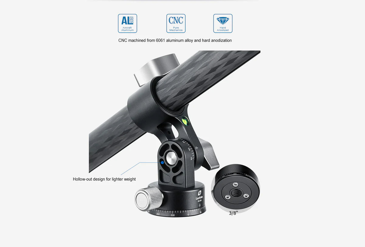 Leofoto HC-32KIT Carbon Fiber Tripod Kit with Ball Head featuring CNC machined ball head and hollow cut design.