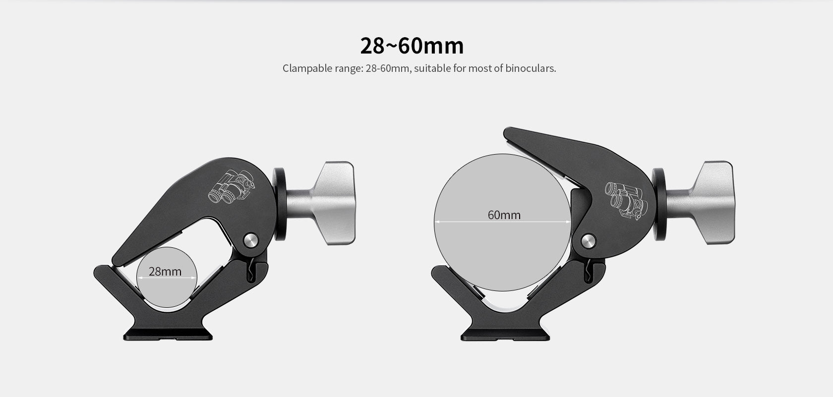 Leofoto BC-02 binocular adapter clamping range 28-60mm, suitable for most binoculars.