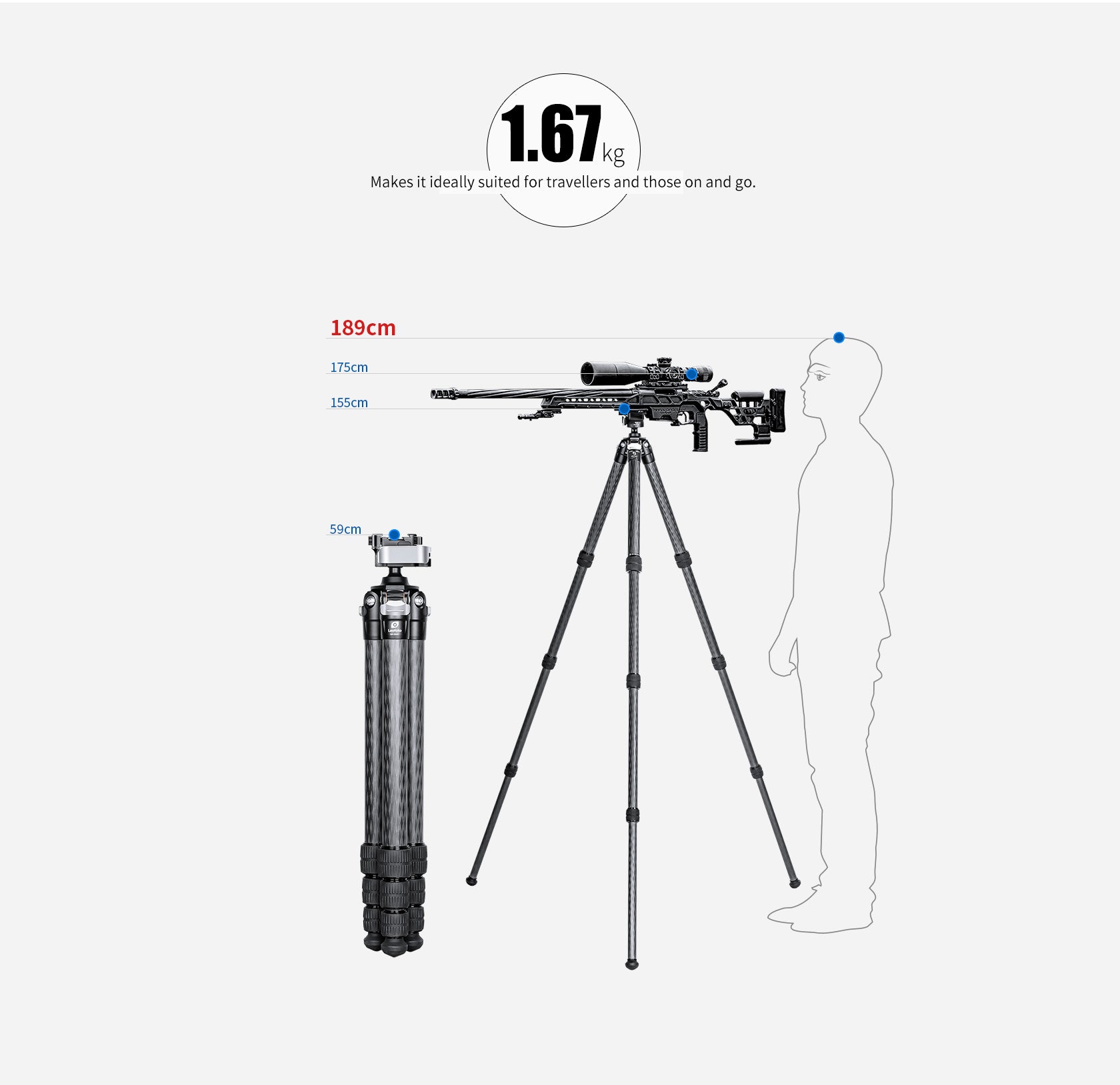 Leofoto SA-324C Carbon Fiber Tripod with MA-30L Ball Head dimensions and weight illustration