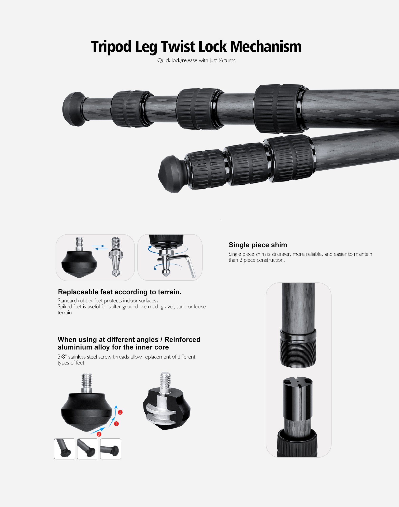 Leofoto SA-364CL+MA-30L Tripod Leg Twist Lock Mechanism features replaceable feet and single piece shim for stability.