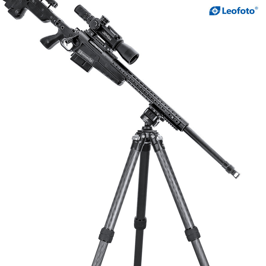 Leofoto SA-324CL+MA-30L Carbon Tripod Kit stabilizing a rifle for shooting.