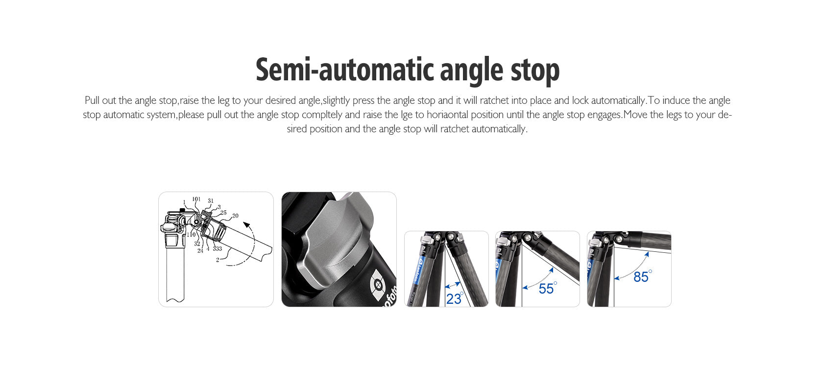Leofoto SA-364CL+MA-30L semi-automatic angle stop mechanism demonstration for flexible tripod positioning.