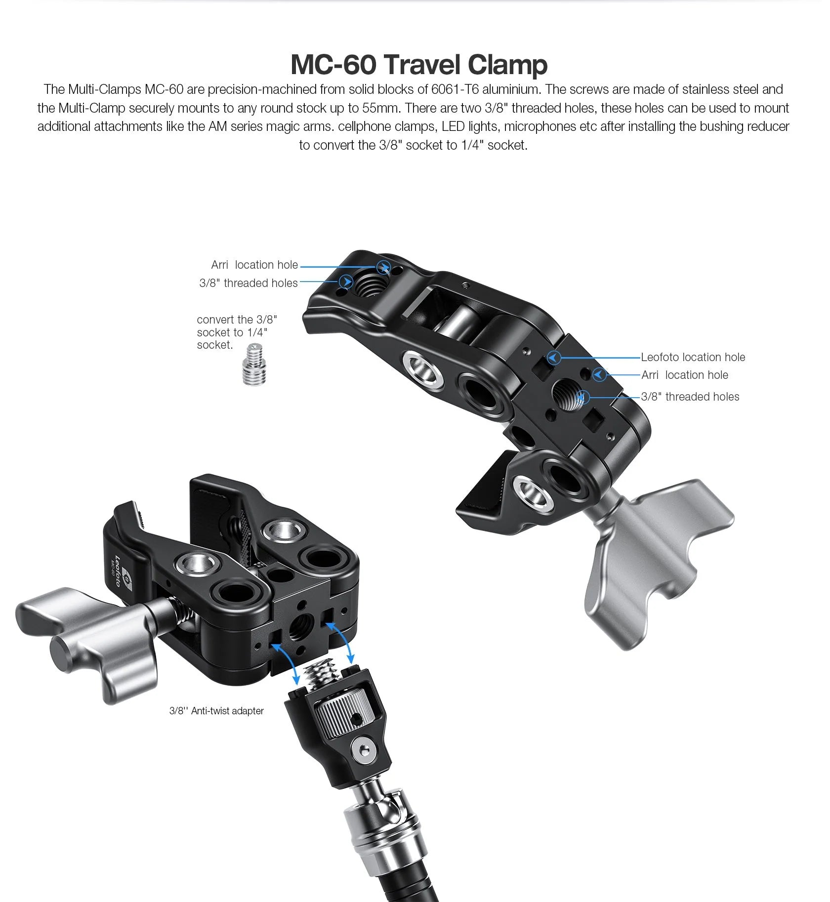 Leofoto AM-7 Magic Arm + MC-60 Clamp + GMC-01 Clamp Set showing MC-60 Travel Clamp design and features.