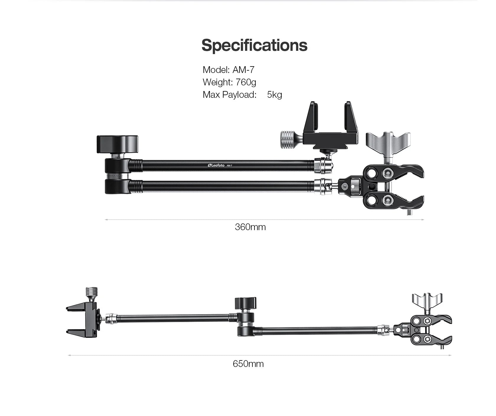 Leofoto AM-7 Magic Arm + MC-60 Clamp + GMC-01 Clamp Set specifications image showing dimensions and weight.