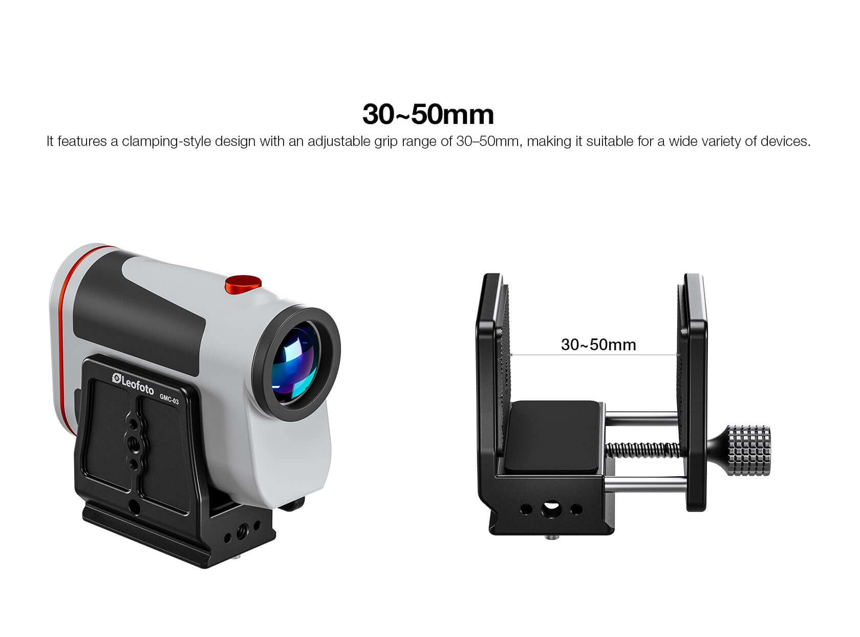 GMC-03 Hunting Clamp with adjustable grip range of 30-50mm for stable rifle support on tripods.
