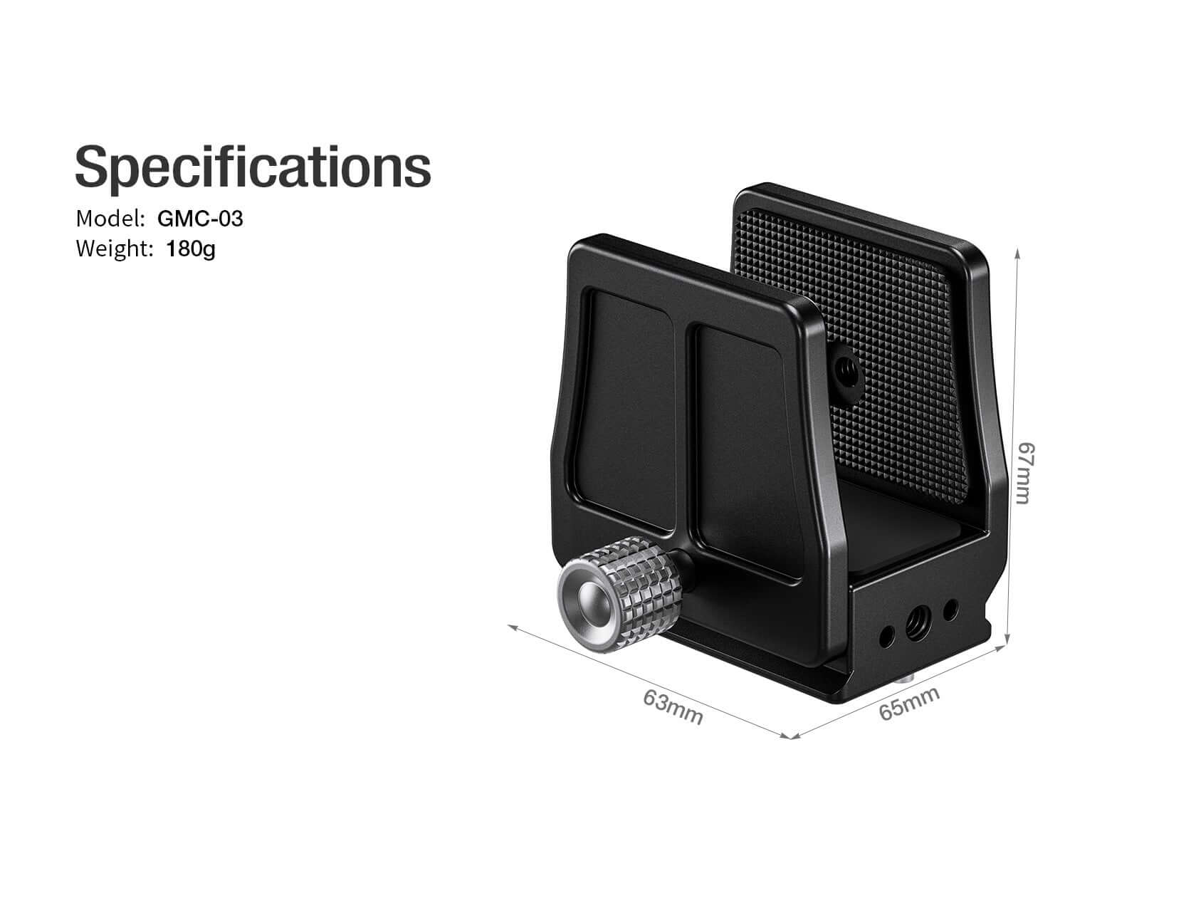 GMC-03 Hunting Clamp specifications showing dimensions and weight for tripod accessory.
