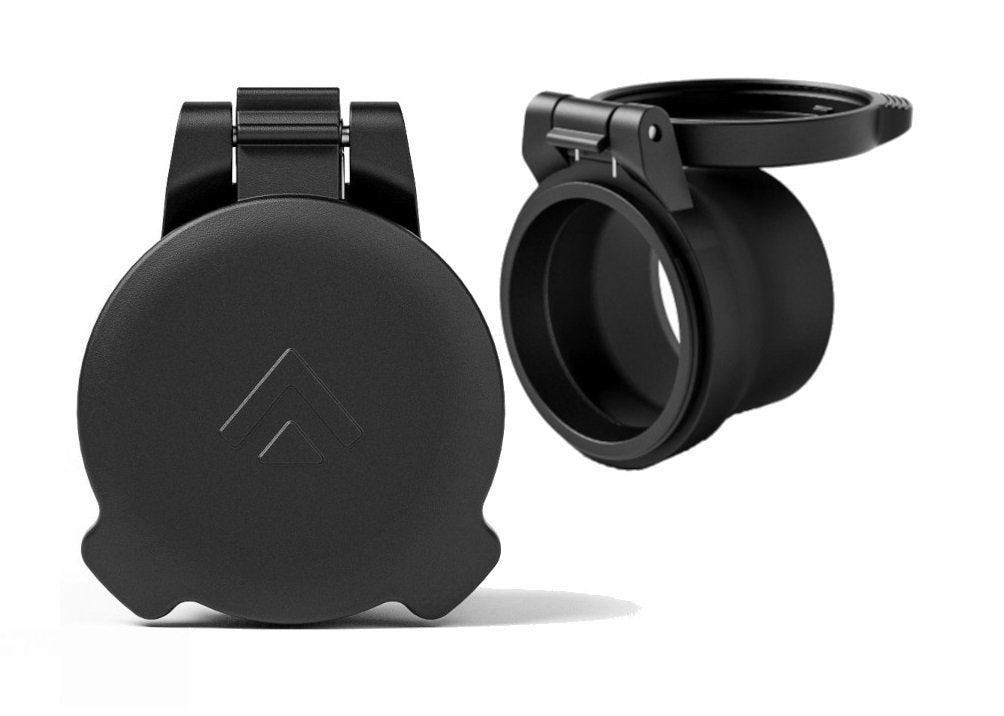 Black scope lens cap with a brand logo on a white background