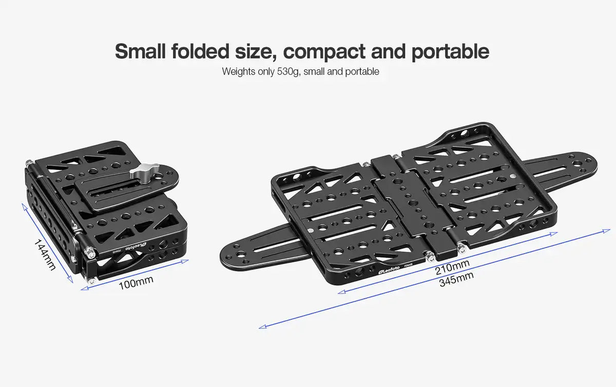 Leofoto FDM-05 Foldable Tac Table shown in compact, folded size with dimensions for easy portability.