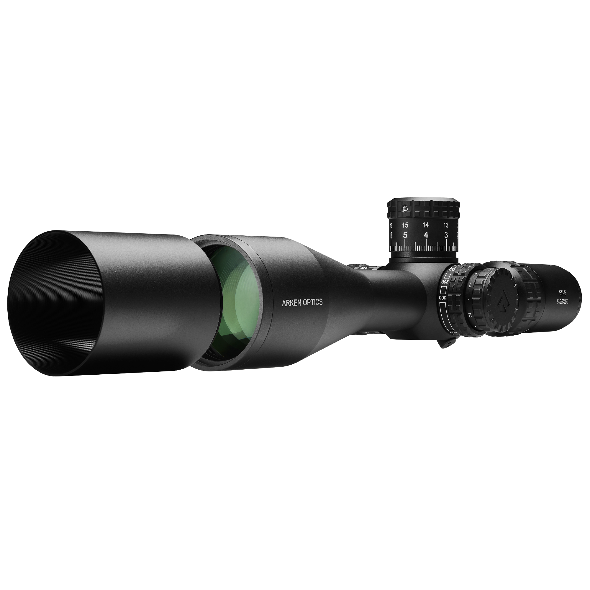 Arken EP-5 5-25X56 FFP rifle scope with adjustable turrets and Japanese ED glass.