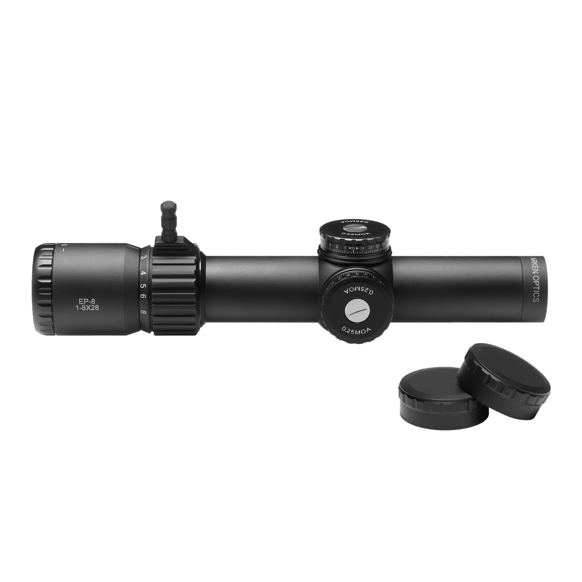 Arken EP8 1-8x28 FFP Low Power Variable Optic with lens caps, designed for budget-minded shooters.