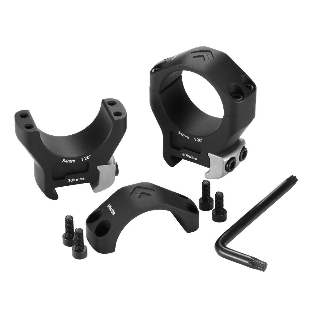 Arken HALO TI 34mm Titanium Scope Rings set with mounts, screws, and tool for precision optics.