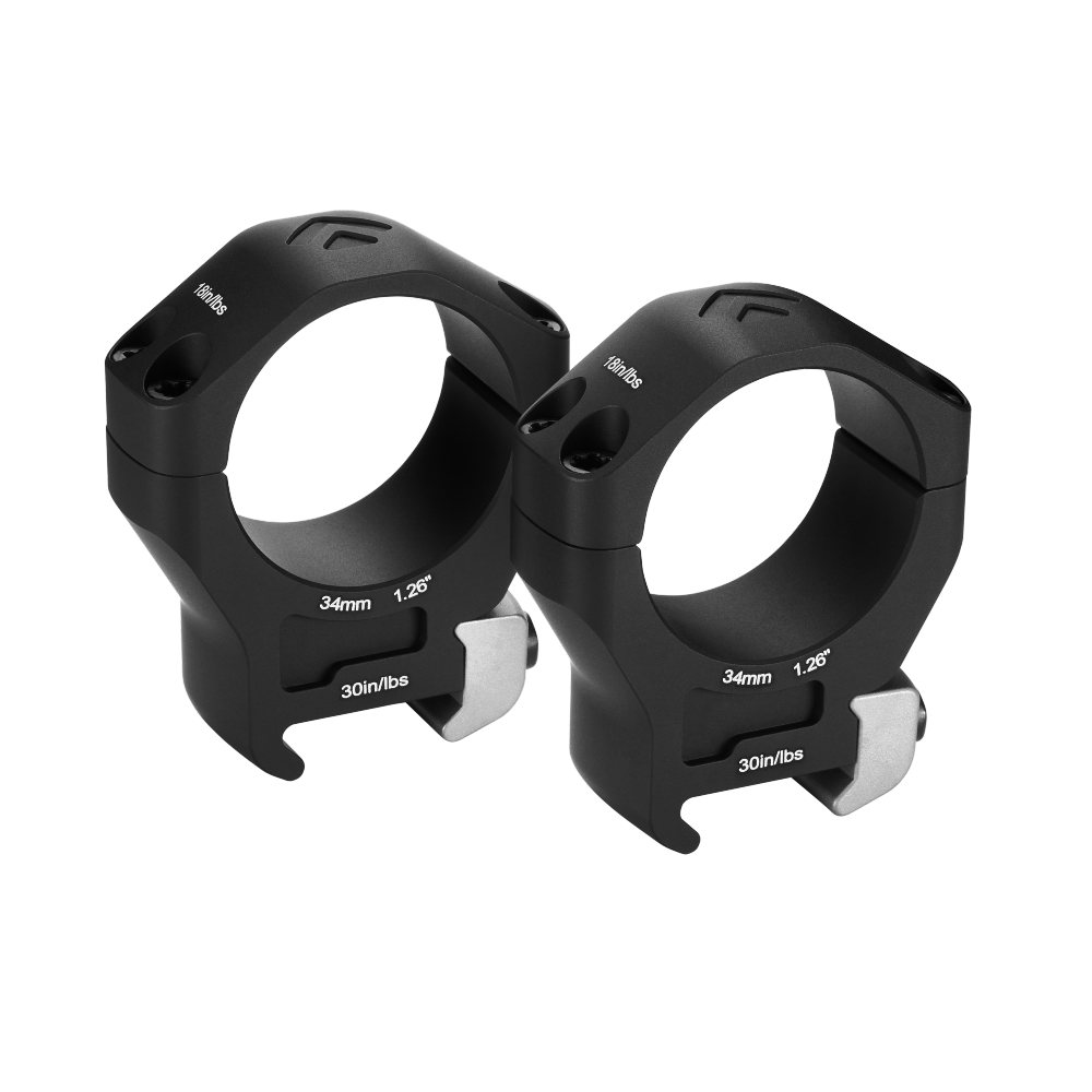 Two black scope rings with measurement details on a white background
