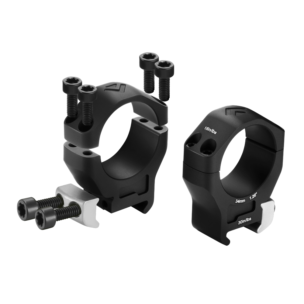 Arken HALO TI 34mm Titanium Scope Rings with mounting screws and hardware for precision optics.