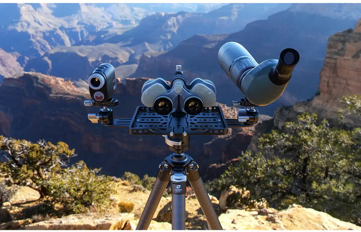 Leofoto FDM-05 Foldable Tac Table with shooting equipment overlooking a canyon.