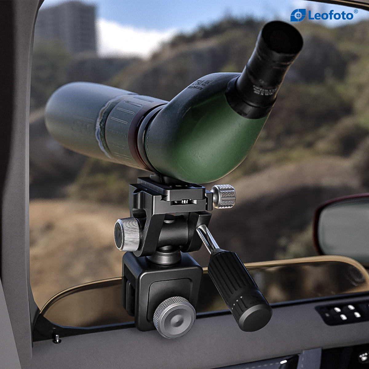 Interior view of a spotting scope supported by the Leofoto WN-01 + SW-02 on a partially lowered car window.