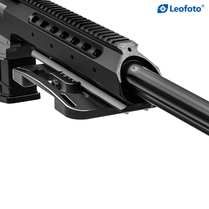 Leofoto SMP-01 Dual Lever Lock Arca Picatinny Rifle Mounting attached to a rifle for stable and precise performance.