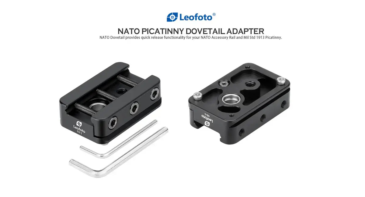 Leofoto GS-1 NATO-DVTL Picatinny Mount with NATO Picatinny dovetail adapter, featuring tool for installation.