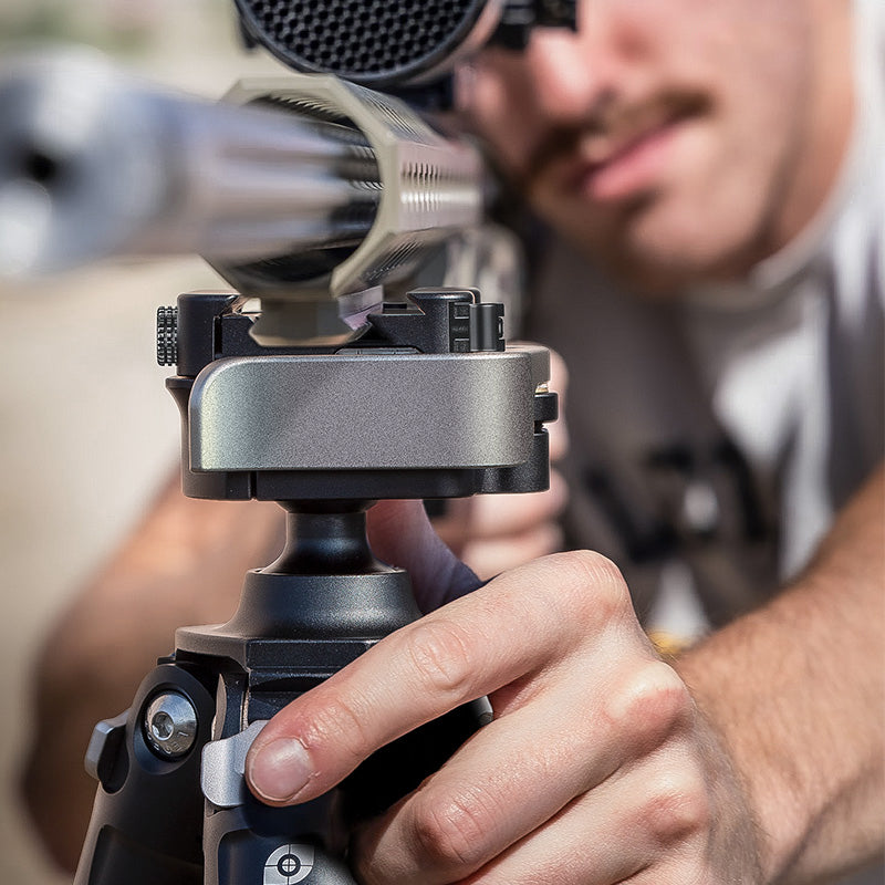 Close-up of Leofoto MA-30L Rapid-Lock ball head in use with tripod, showing precise adjustments for stable shooting.
