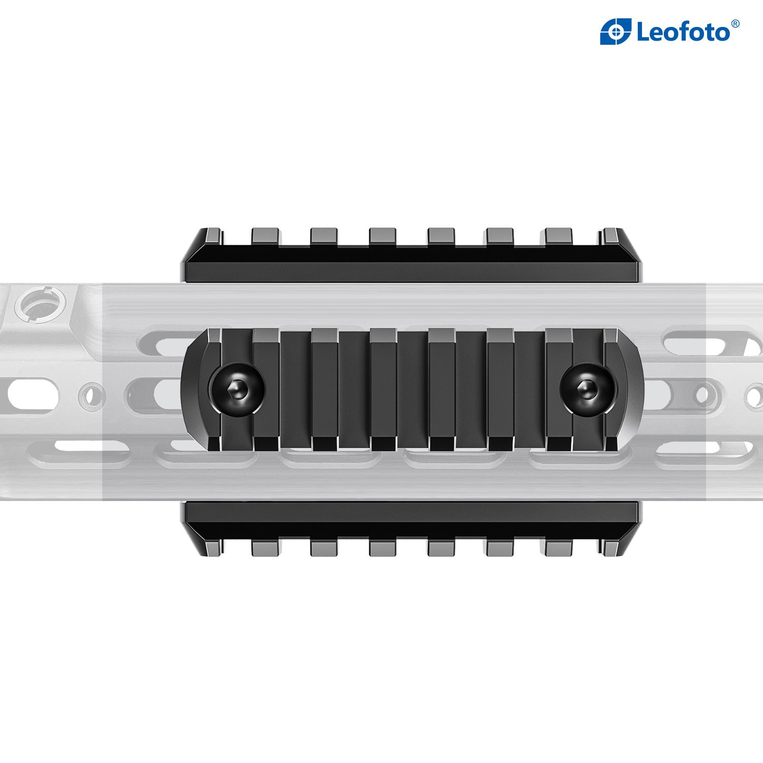 Leofoto M-Lok Picatinny rail 40mm-100mm attached to M-LOK handguard, showcasing its mounting capabilities.