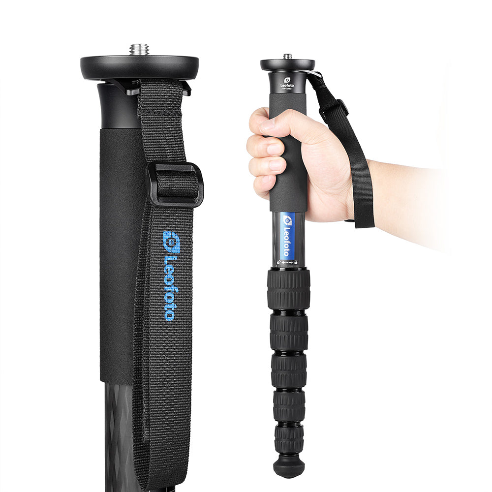 Leofoto MP-326C Monopod featuring a grip handle and adjustable segments for portable shooting support.