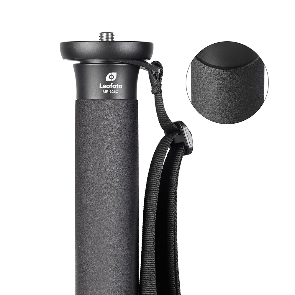 Leofoto MP-326C Monopod handle with padded grip and strap for secure support during outdoor shooting.