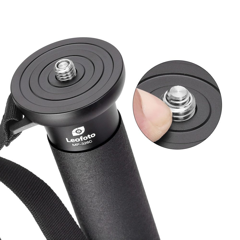 Close-up of Leofoto MP-326C Monopod attachment with mounting plate and socket for stable support.