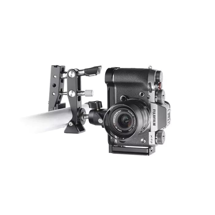 Leofoto Multipurpose clamp MC-80 holding a camera on a mounting pole for photography and videography.