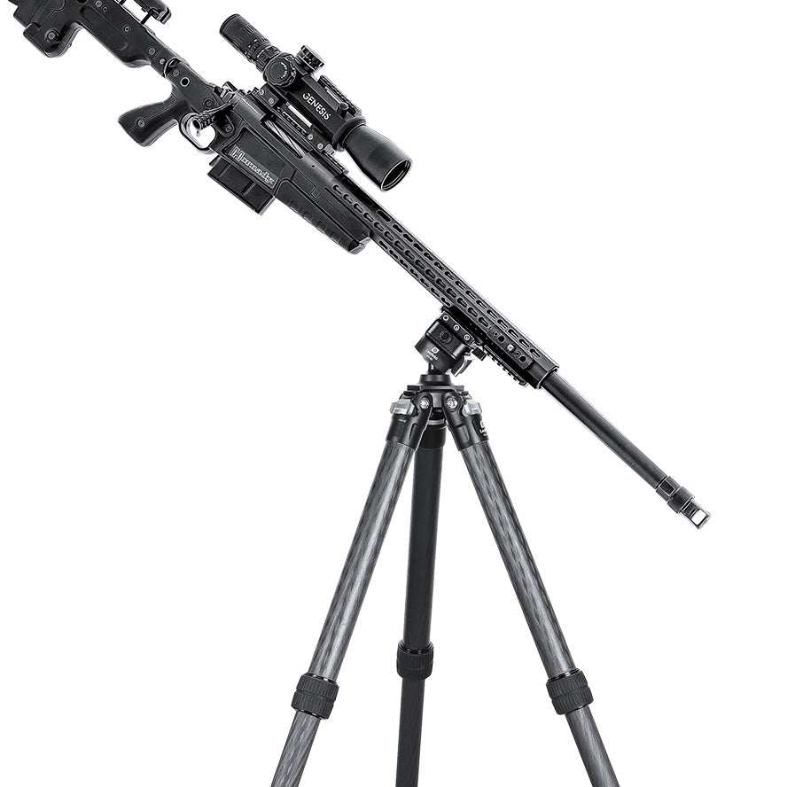 Leofoto SA-364C+MA-30L tripod kit holding a large caliber rifle for shooting stability.