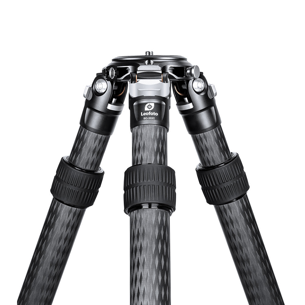 Leofoto SO-322C tripod showcasing its inverted carbon stability system and sturdy leg construction.