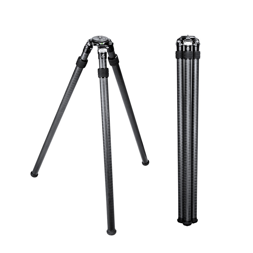 Leofoto SO-322C tripod showcasing its inverted carbon stability system and compact design when folded.