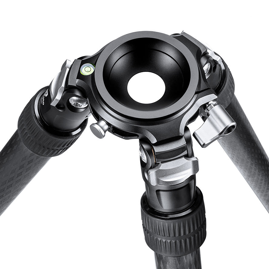 Top view of Leofoto SO-322C tripod leg joint showing inverted carbon stability system features.