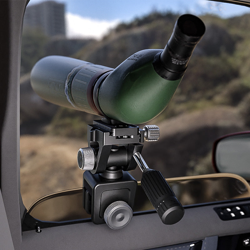 WN-01+SW-02 car window clamp kits mounted on car window with spotting scope for stable shooting support.