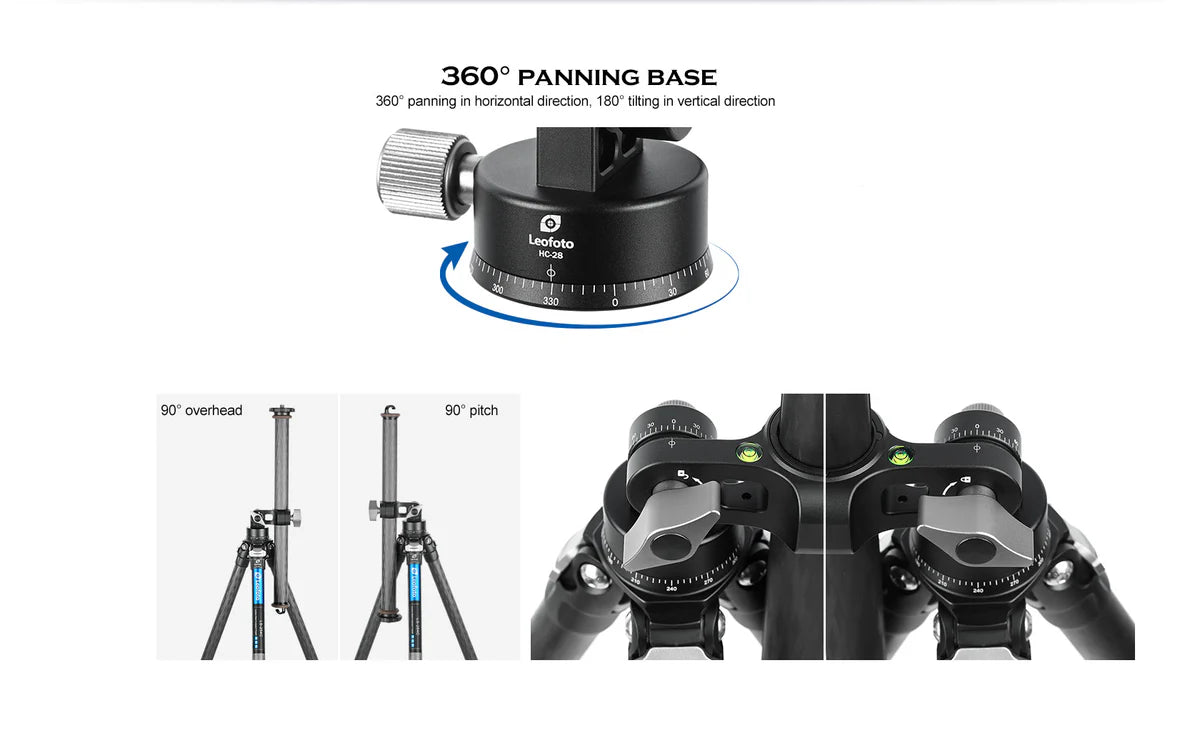 Leofoto HC-32KIT Carbon Fiber Tripod Kit with Ball Head showcasing 360° panning base for enhanced stability and adjustments.