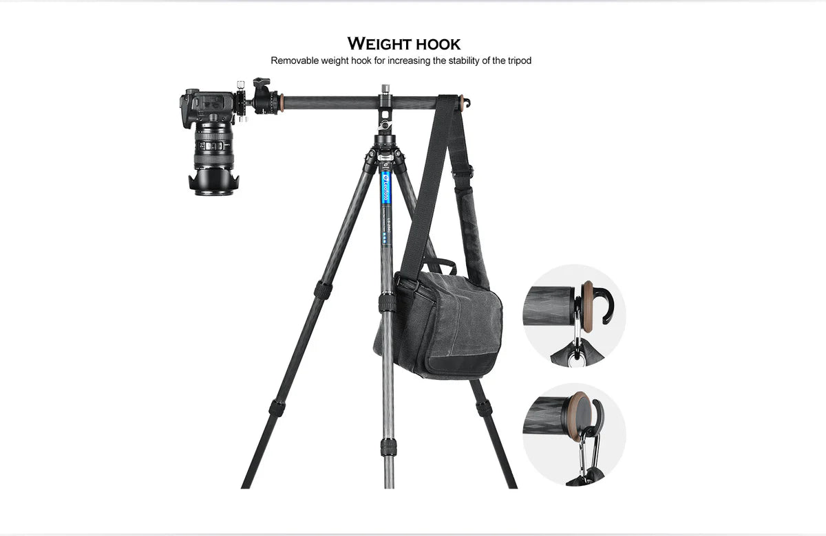 Leofoto HC-32KIT Carbon Fiber Tripod Kit with Ball Head featuring a removable weight hook for increased stability.