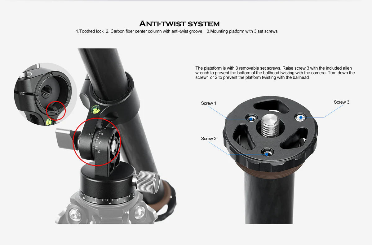 Leofoto HC-32KIT Carbon Fiber Tripod Kit with Ball Head showing anti-twist system features and adjustments.