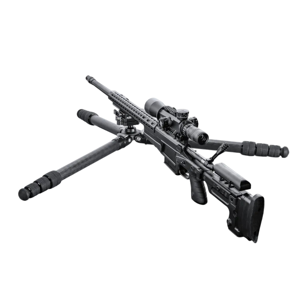 Rifle supported close to the ground on a Leofoto SA-324CL tripod with its legs spread wide.