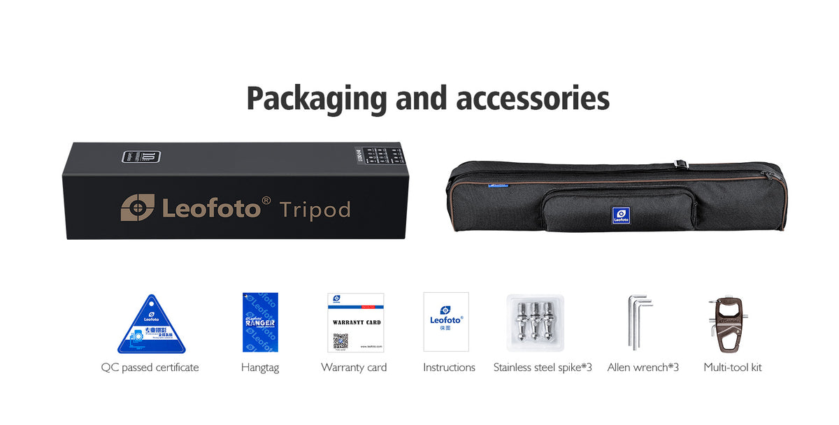 Leofoto tripod packaging and accessories, including carry bag, spikes, hex keys and paperwork