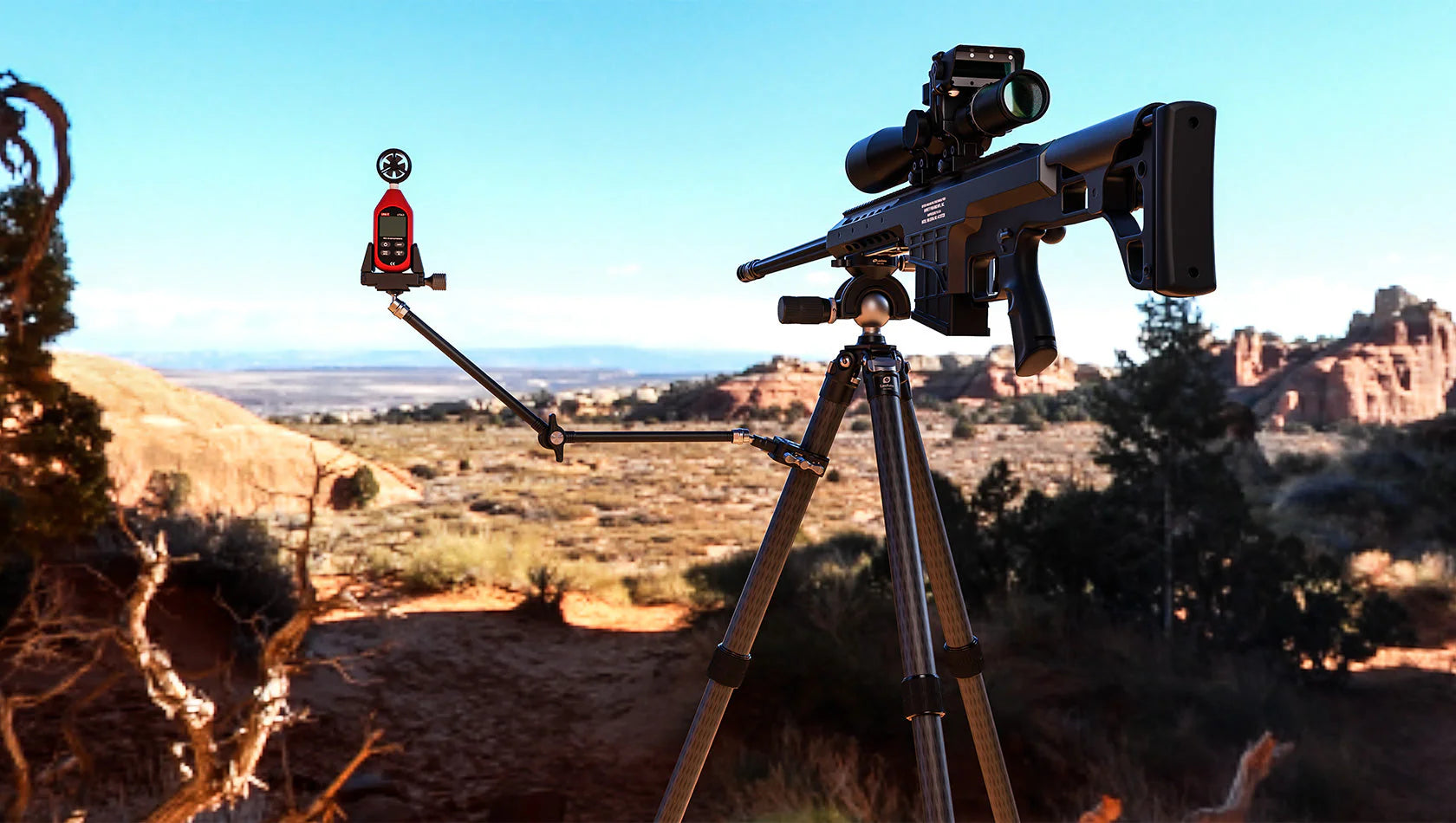 Leofoto AM-7 Magic Arm + MC-60 Clamp + GMC-01 Clamp Set mounted on a rifle for enhanced shooting precision.