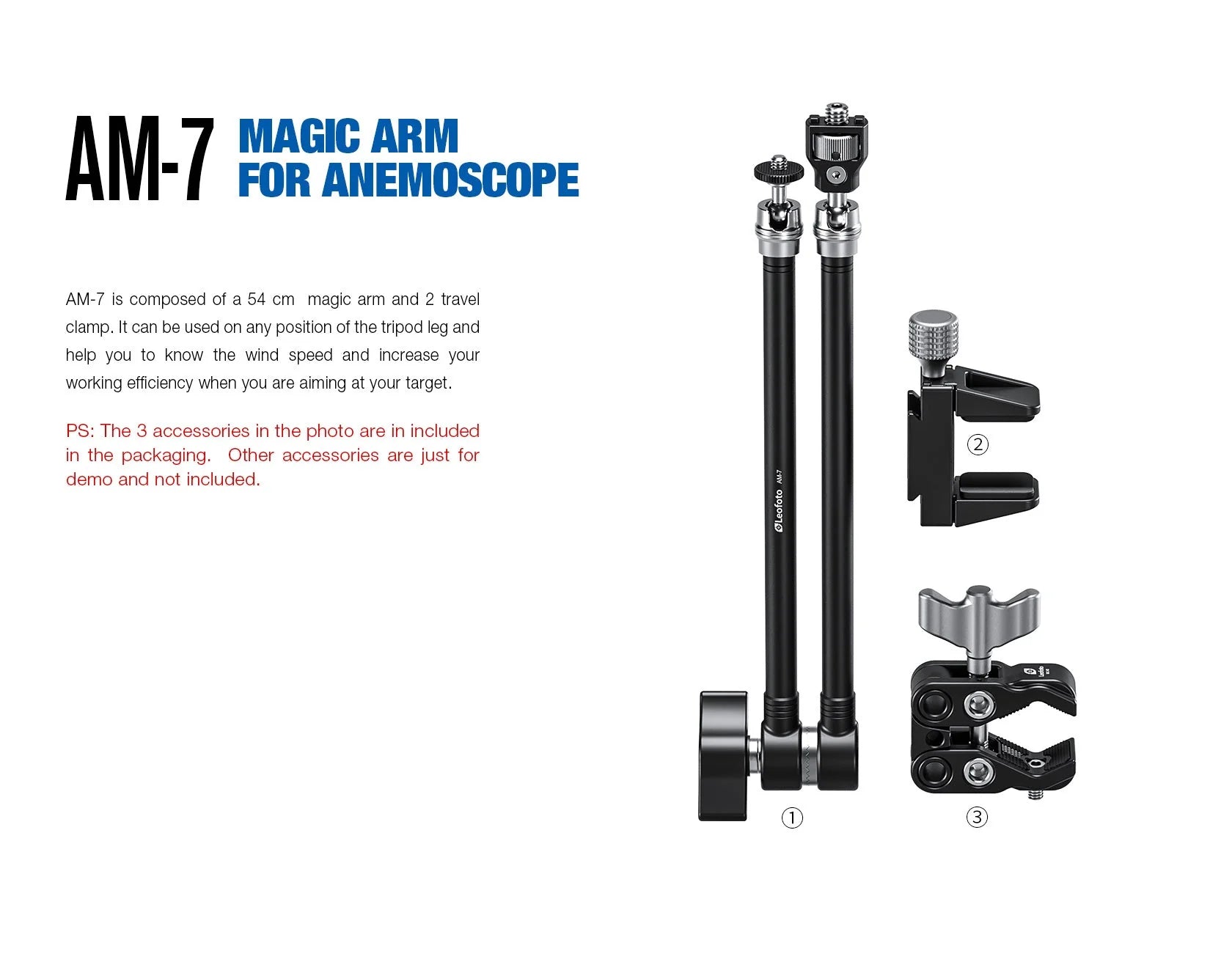 Leofoto AM-7 Magic Arm + MC-60 Clamp + GMC-01 Clamp Set with components for precision shooting and anemometer use.