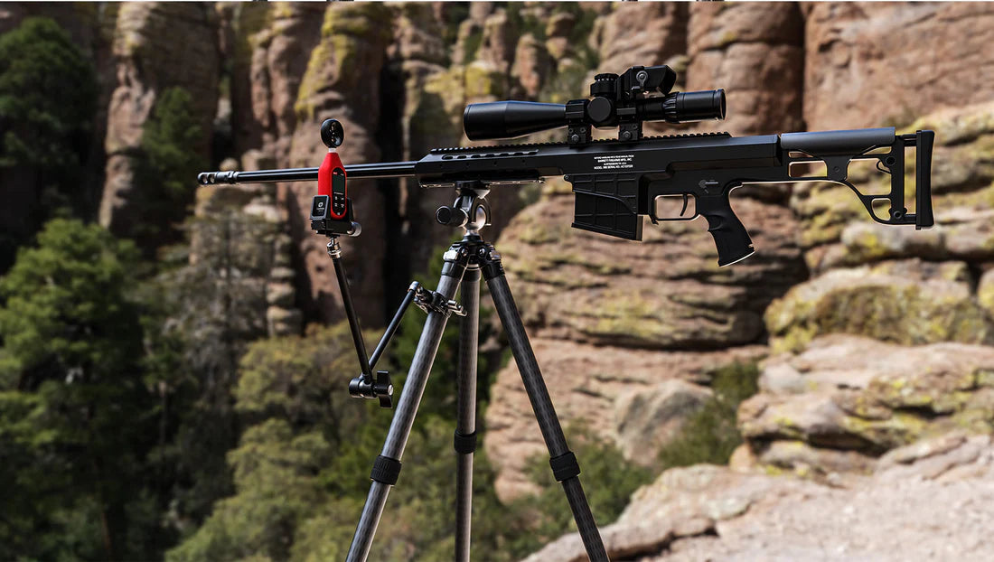 Leofoto AM-7 Magic Arm + MC-60 Clamp + GMC-01 Clamp Set mounted on a rifle in a natural landscape.