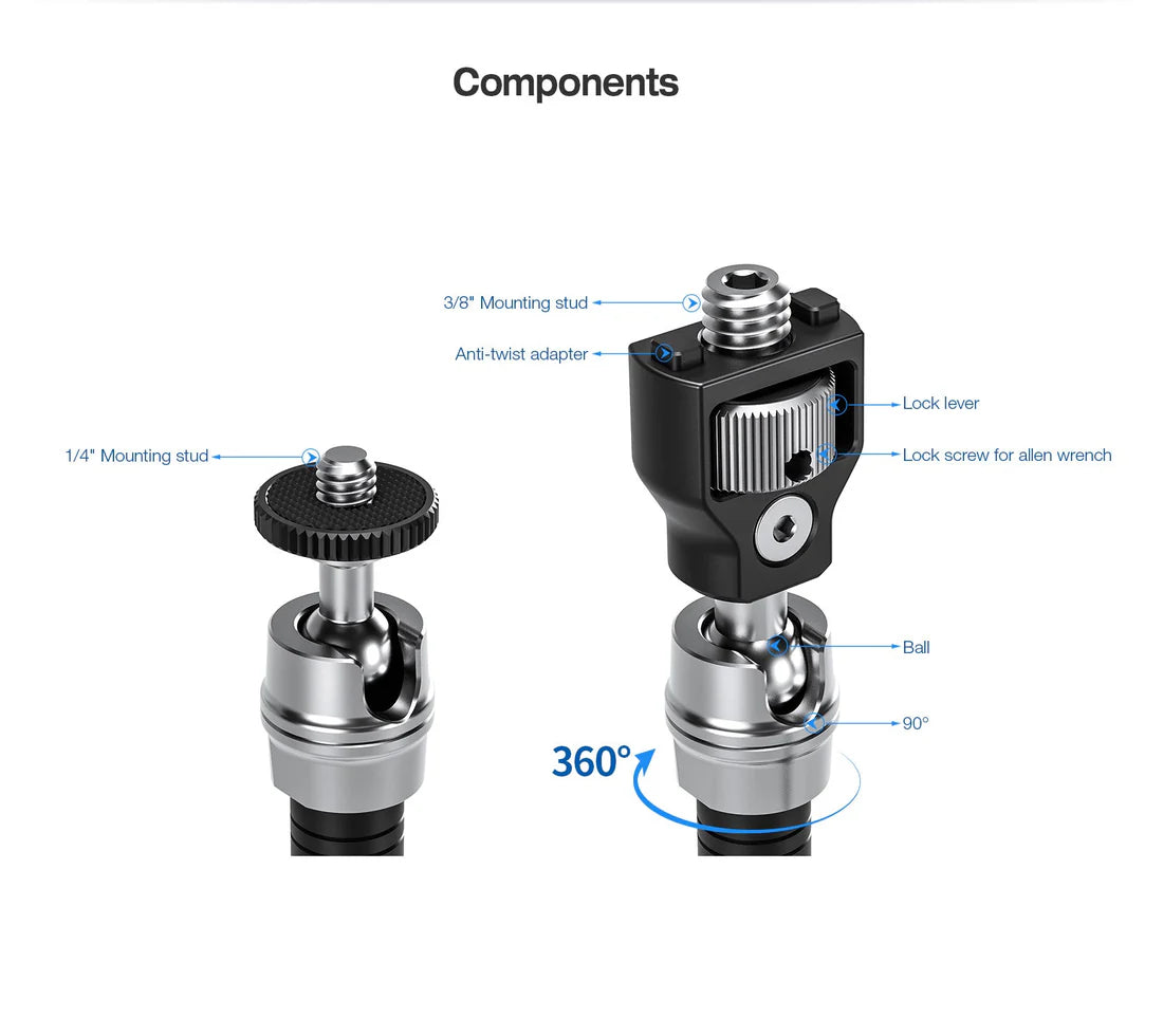 Leofoto AM-7 Magic Arm + MC-60 Clamp + GMC-01 Clamp Set components showing mounting studs and adjustable features.