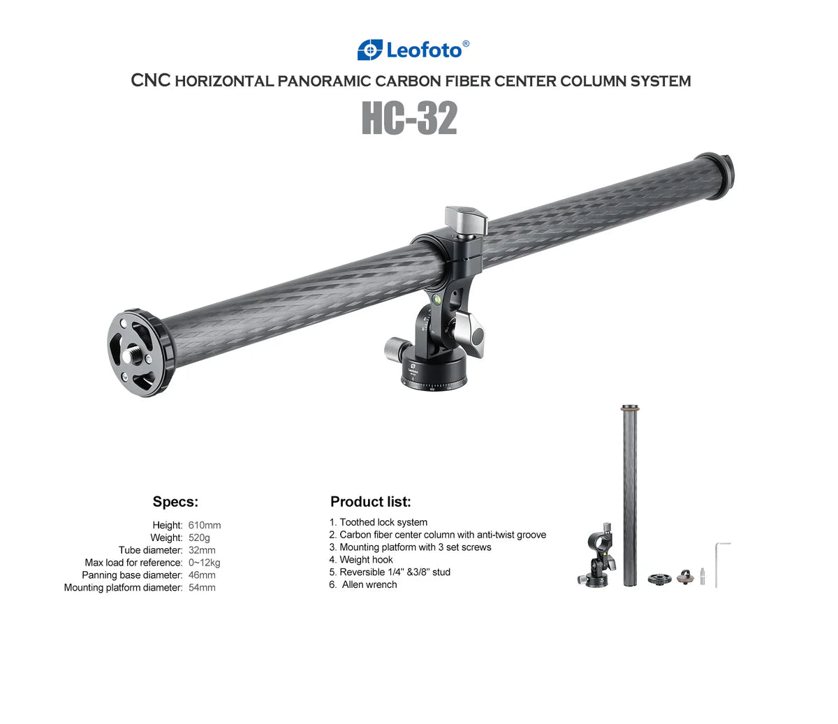 Leofoto HC-32KIT Carbon Fiber Tripod Kit with Ball Head showcasing the CNC horizontal carbon fiber center column system.