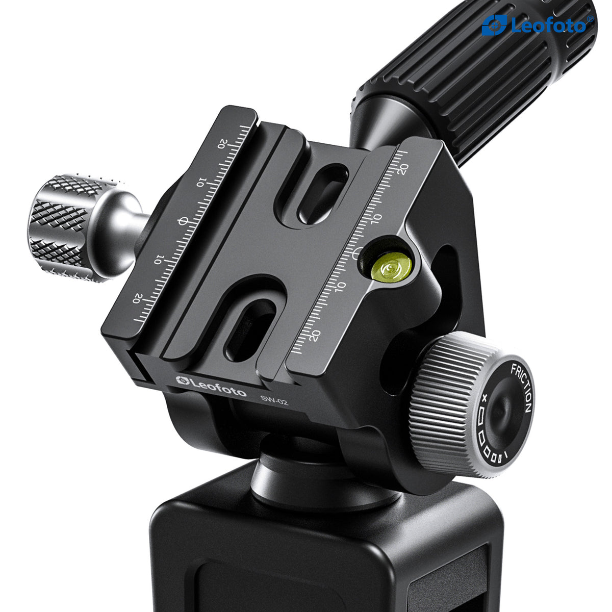 Close-up of the Leofoto SW-02 Arca-compatible clamp, graduated scales, bubble level and friction adjustment knob.