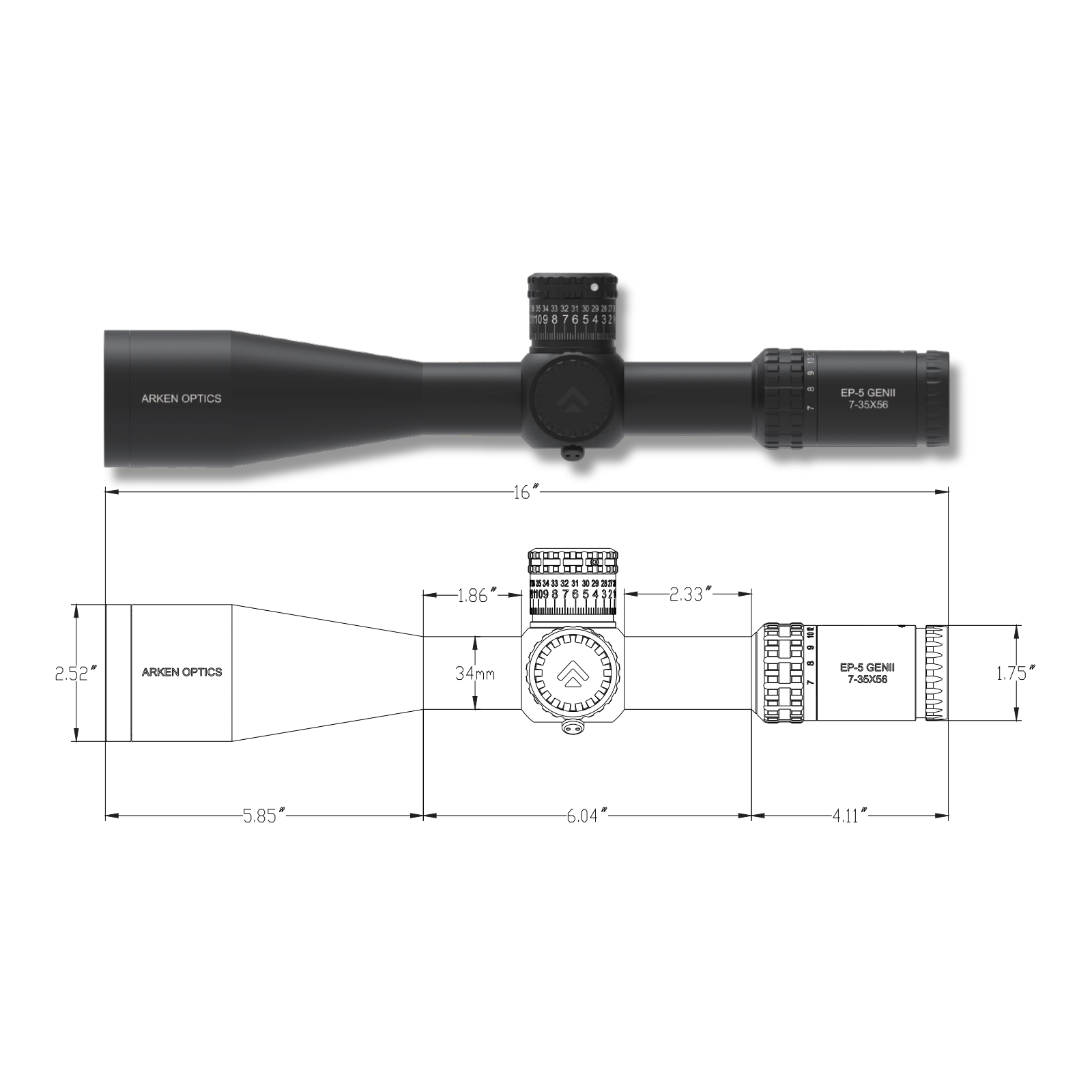 Arken EP-5 7-35X56 FFP MIL long range optics specifications and measurements.