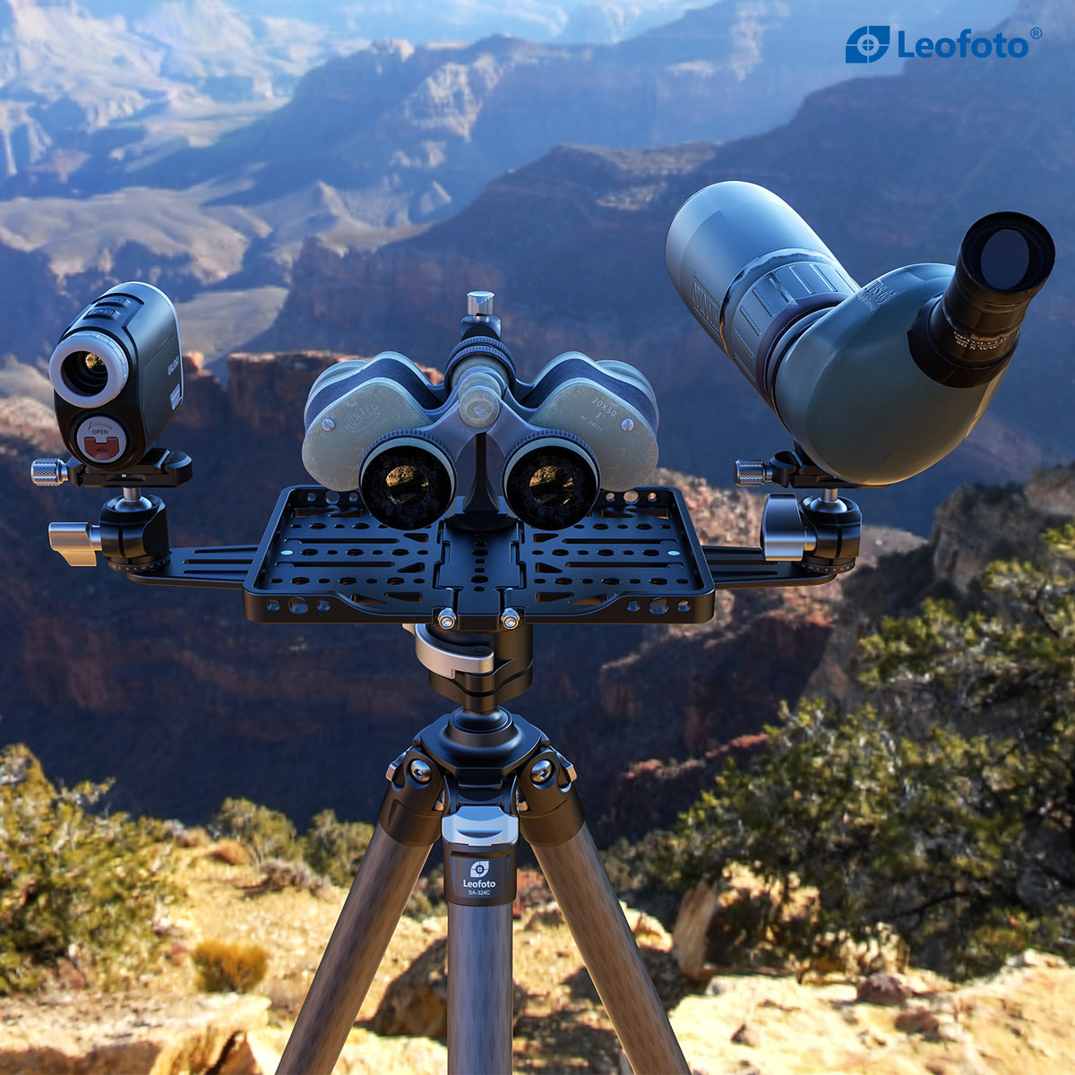 Leofoto FDM-05 Foldable Tac Table supporting multiple optics on a tripod during field observation