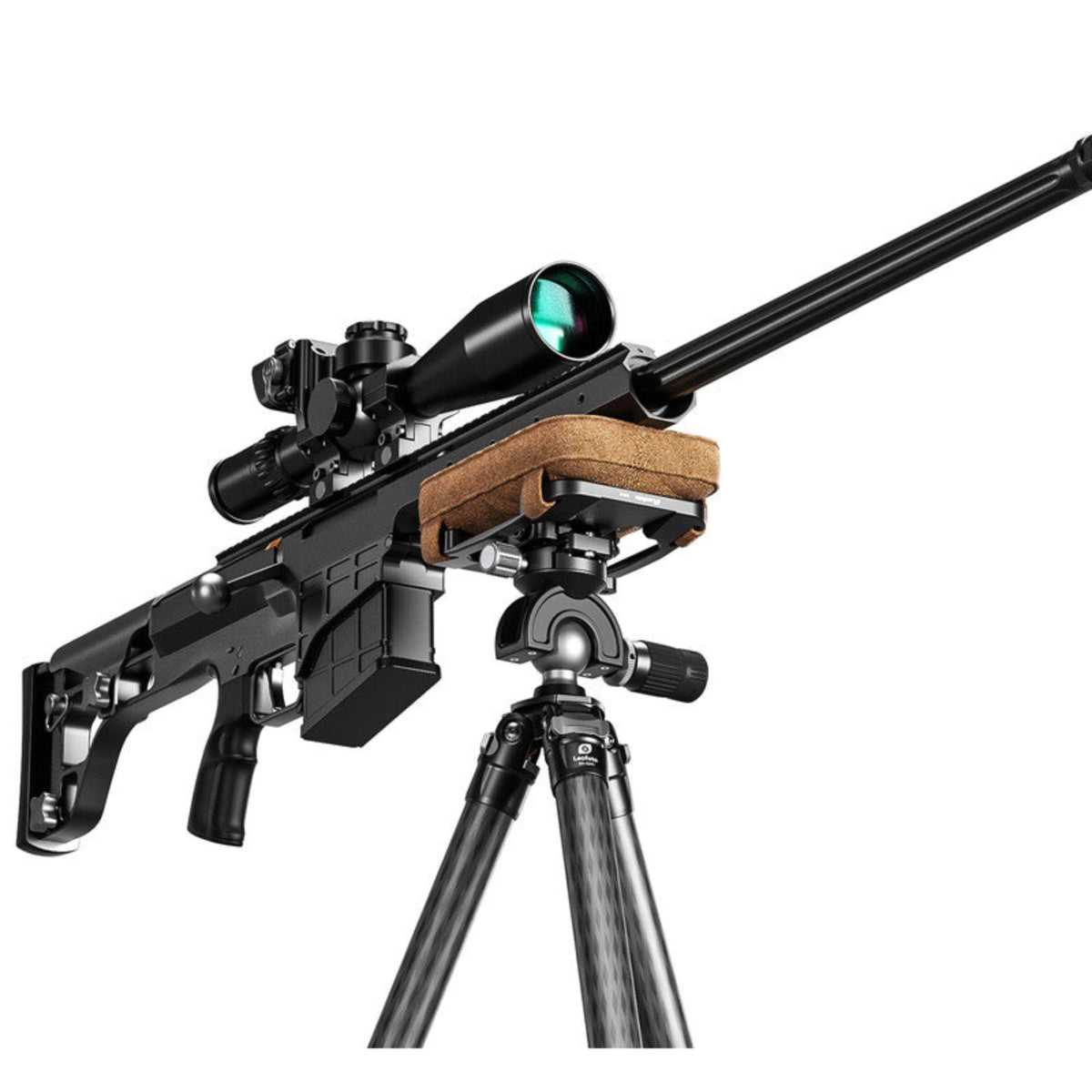 Leofoto SMP-01 rifle shooting platform mounted on a tripod