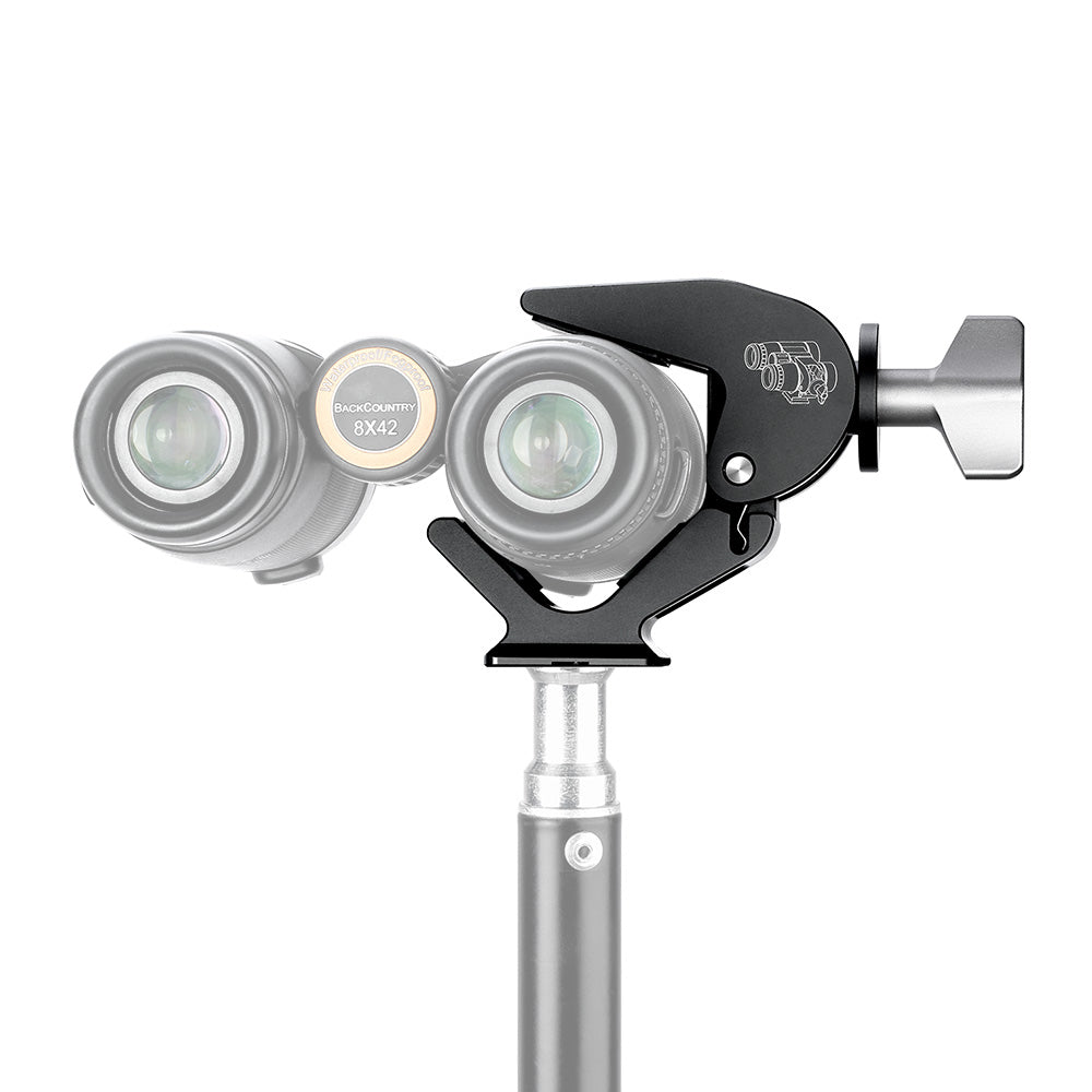 Leofoto BC-02 binocular adapter for tripod mounting with binoculars attached.